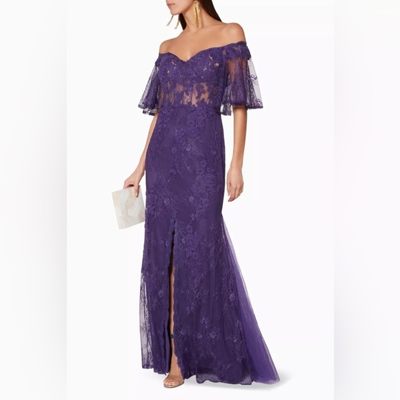 Badgley Mischka NWT Size 6 Deep-Purple Off-The-Shoulder Lace Gown - Picture 2 of 15